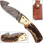 Forged Damascus Folding Knife Guthook Stag Handle Engraved Brass