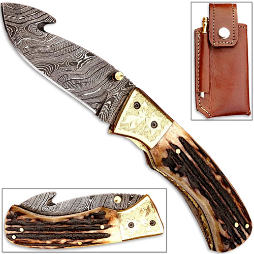 Forged Damascus Folding Knife Guthook Stag Handle Engraved Brass