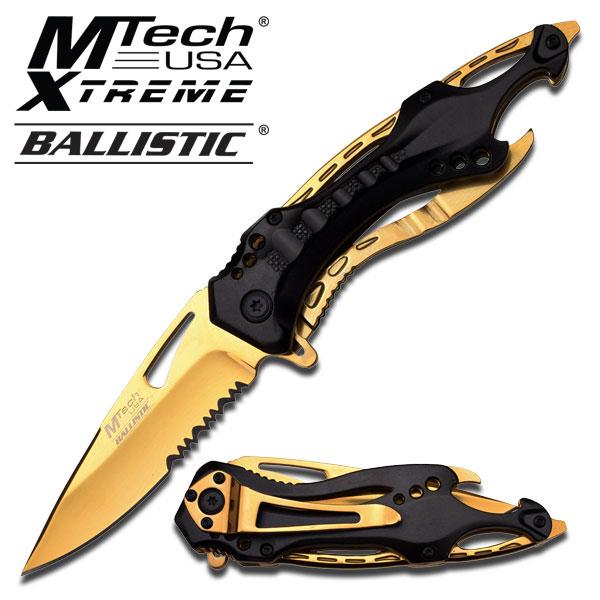 MTECH BALLISTIC Tactical Sporting Knife | Gold Titanium Coated Blade, Black Metal Handle picture