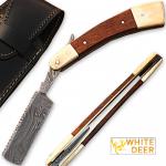 White Deer Damascus Steel Straight Razor w/ Camel Bone & Wood Handle