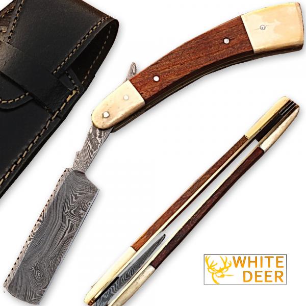 White Deer Damascus Steel Straight Razor w/ Camel Bone & Wood Handle