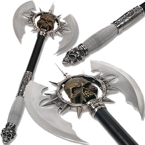 Executioner's Double Bit Skull Axe Fantasy Blade Spiked w Wall Plaque