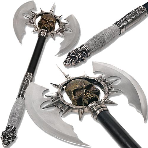 Executioner's Double Bit Skull Axe Fantasy Blade Spiked w Wall Plaque picture