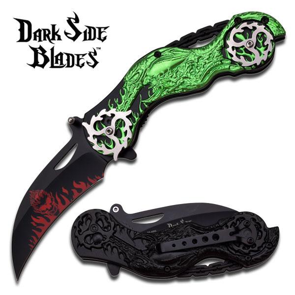 Dark Side Blades Chopper Spring Assisted Biker Knife Green Demonic Ballistic Series