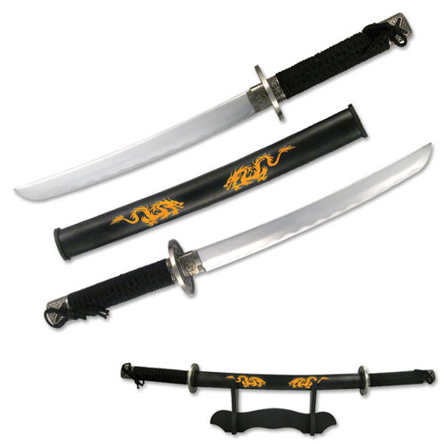 Dueling Dragons Twin Japanese Sabers Runic Tanto Daggers w Wooden Stand