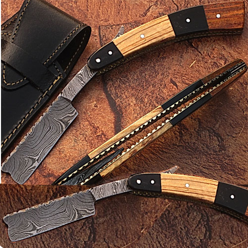 Custom Damascus Steel Straight Razor w/ Buffalo Horn  olive wood