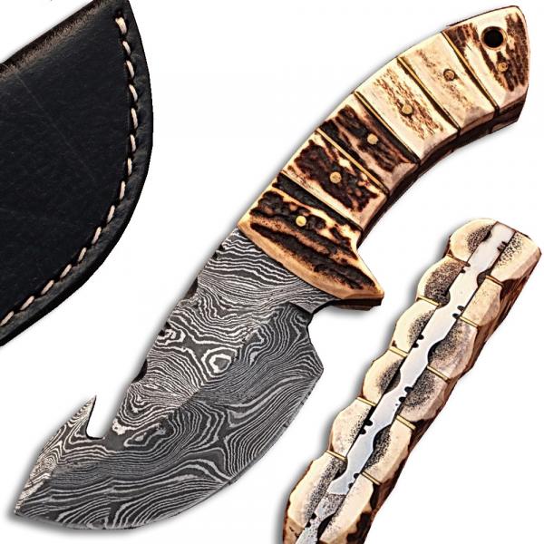 Damascus Steel Skinner Knife (Stag Handle & Gut Hook)