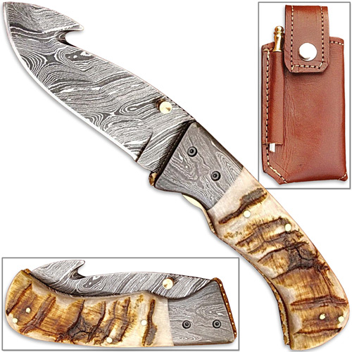 Handmade Folding Guthook Knife Ram Horn Handle Damascus Bolsteri