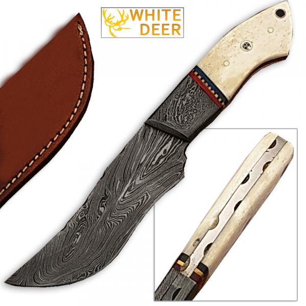White Deer Damascus Steel Custom Knife Camel Bone Handle