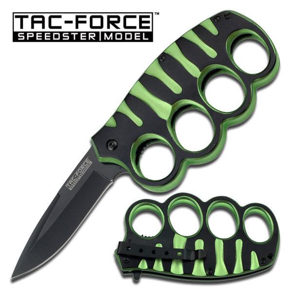 Black/Green Handle Knuckle Spring Assist Knife