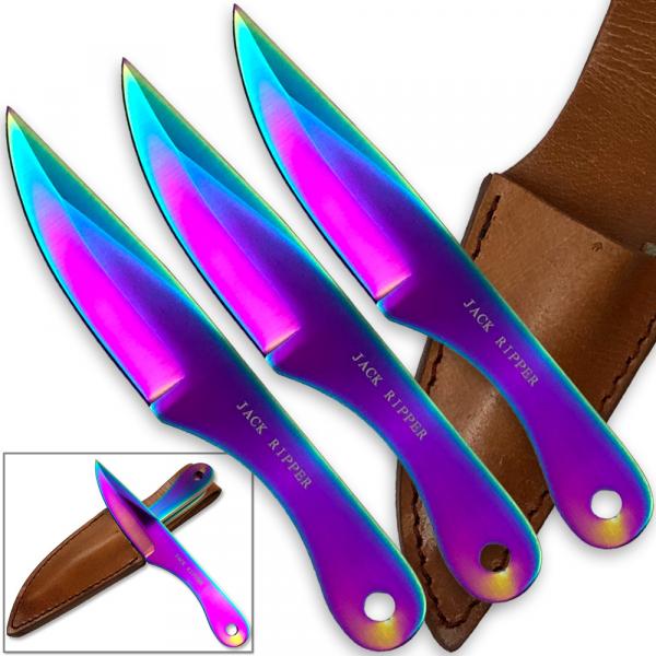 Jack Ripper Trinity Titanium Throwing Knives Set Coated Iridescent 6in 3pcs Knife picture