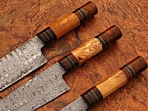 White Deer Custom Made Damascus Chef Knife Set of 3 Knife Olive Wood Handle picture