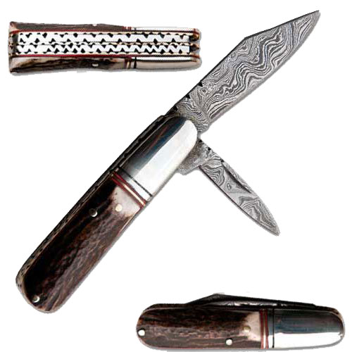 White Deer 1095 HC Steel 15N20 Forged Damascus Stag Barlow Folding Knife picture