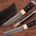 White Deer Damascus Steel Tanto Point Hunting Knife Buffalo Horn Handle