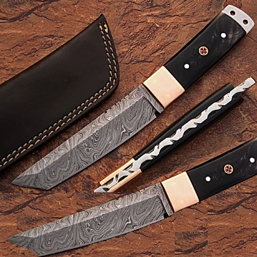 White Deer Damascus Steel Tanto Point Hunting Knife Buffalo Horn Handle picture