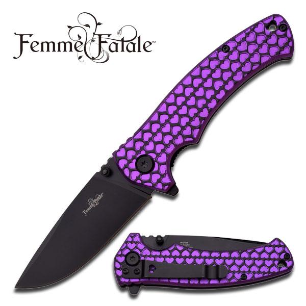 FEMME FATALE ASSISTED OPENING KNIFE - BLACK PURPLE HEARTS HANDLE picture