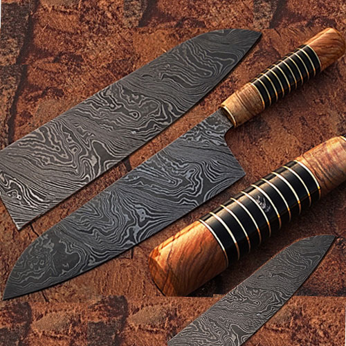 Custom Made Damascus Steel Chef Knife Olive Wood & Buffalo Horn picture