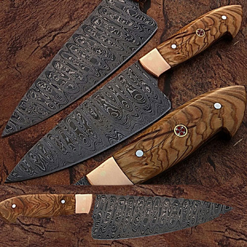 Damascus Steel Chef Knife Olive Wood Handle Copper Bolster
