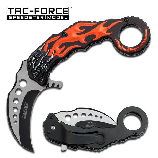 Orange Flamming Skull Karambit Spring Assisted Knife picture