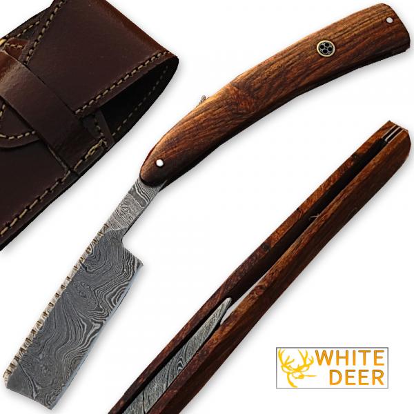 White Deer Custom Made Damascus Steel Straight Razor w/ Wood Handle & Sheath