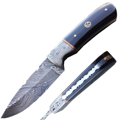 Damascus Hunting Knife with Damascus Bolster and Buffalo Horn