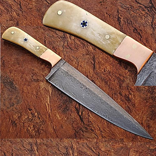 Custom Handmade Damascus Copper Guard Chef Knife Bone Handle