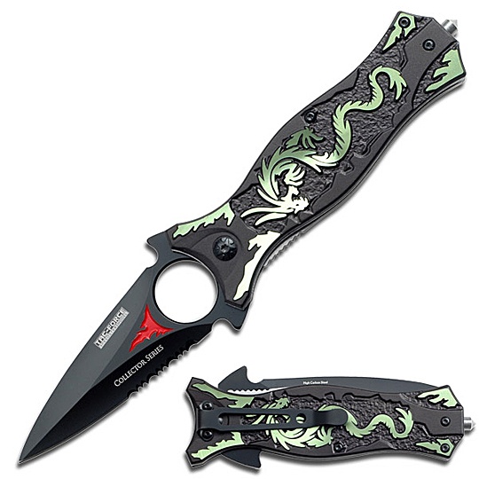 Spring Assist - 'Legal Automatic' Knife - Dragon Dagger - Green picture