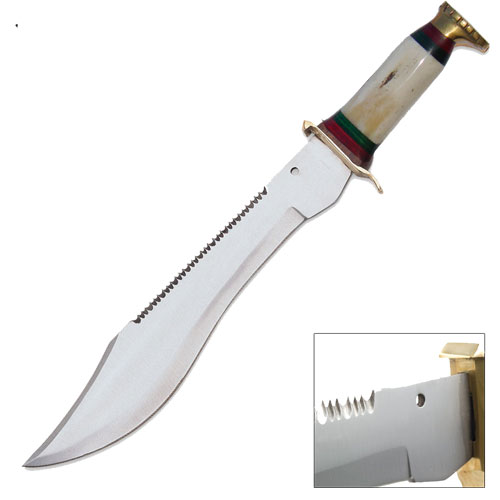 JUNGLE BOWIE HUNTING KNIFE CAMEL BONE HANDLE 17in Overall Super Sharp Sawback picture