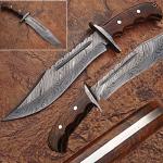 WHITE DEER Damascus Steel Blood Groove Bowie Knife w/ Rose Wood Han