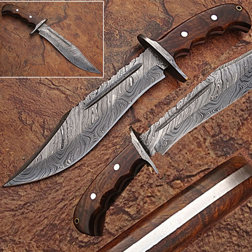 WHITE DEER Damascus Steel Blood Groove Bowie Knife w/ Rose Wood Han picture