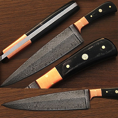 Handmade Damascus Copper Guard Chef Knife Buffalo Horn Handle