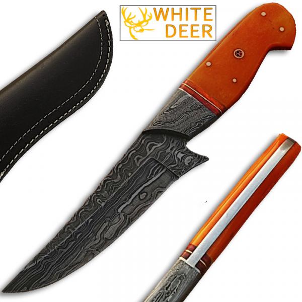 White Deer Damascus Steel  Hunting Knife Orange Color Camel Bone picture