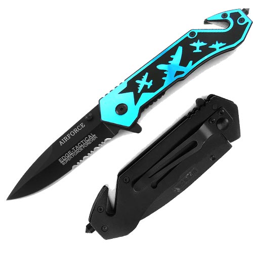 Emergency Tactical Folder Knife Spring Assist | Air Force Neon Blue picture