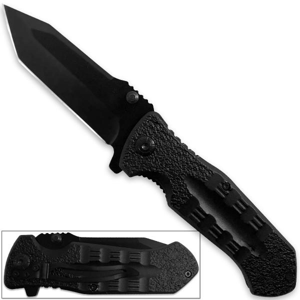 Into Harms Way Tanto Spring Assist Rescue Knife Easy Open Tactical EDC Folding Black picture