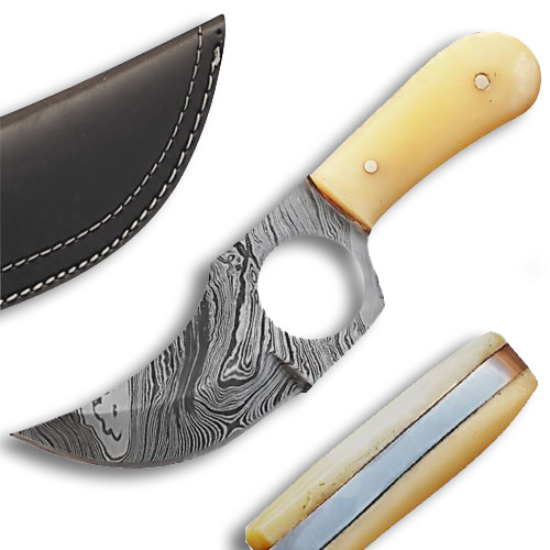 Handmade Damascus Steel Skinner Knife w/Finger Hole (Bone Handle)