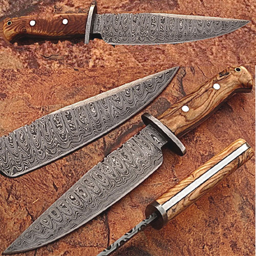 Custom Made Damascus Steel Traditional Hunting Knife w/Oliv Wood