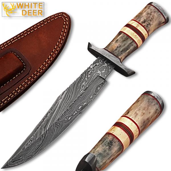 WHITE DEER Damascus Steel Hunting Knife w/ Giraffe & Camel Bone