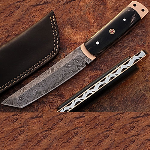 White Deer Damascus Steel Tanto Point Hunting Knife Buffalo Horn picture