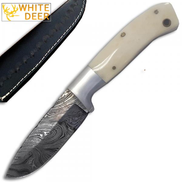 White Deer Damascus Steel Hunting Knife (Bone Handle & Steel Bolster)