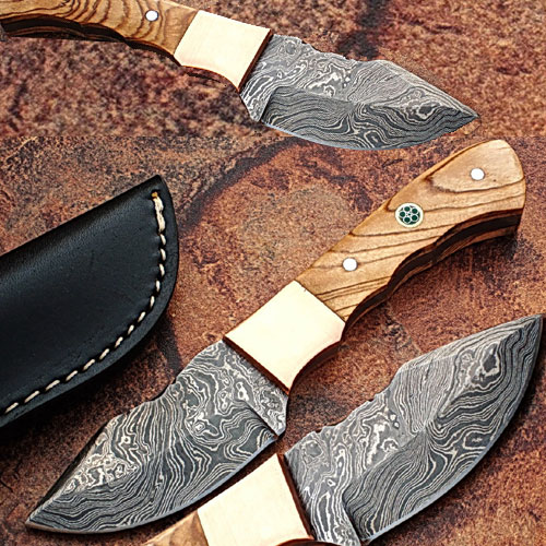 Custom Made Damascus Steel Skinner Knife w/ Olive Wood Handle Co picture