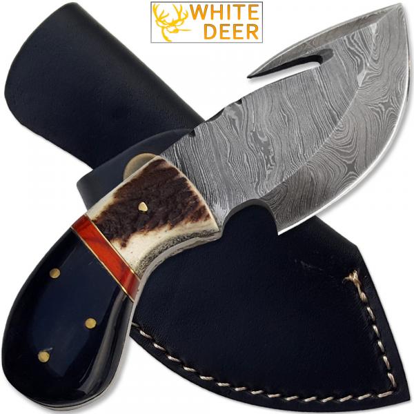 WHITE DEER Guthook Pattern Welded Damascus Steel Tracker Knife Skinner Stag Handle