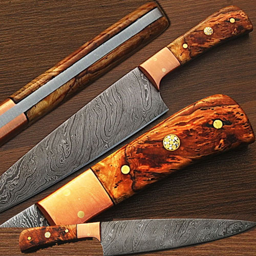 Custom Made Damascus Copper Guard Chef Knife Olive Wood Handle picture