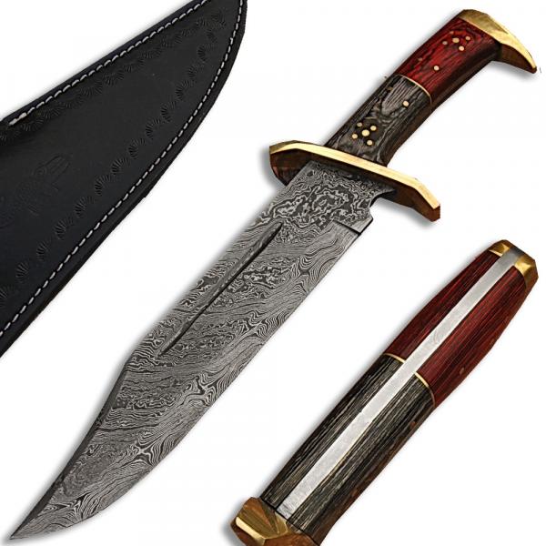 White Deer Damascus Steel Rattler Bowie Knife Frost Wood Handle