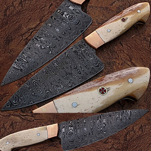 Custom Made Damascus Steel Chef Knife Camel Bone Handle Copper B picture