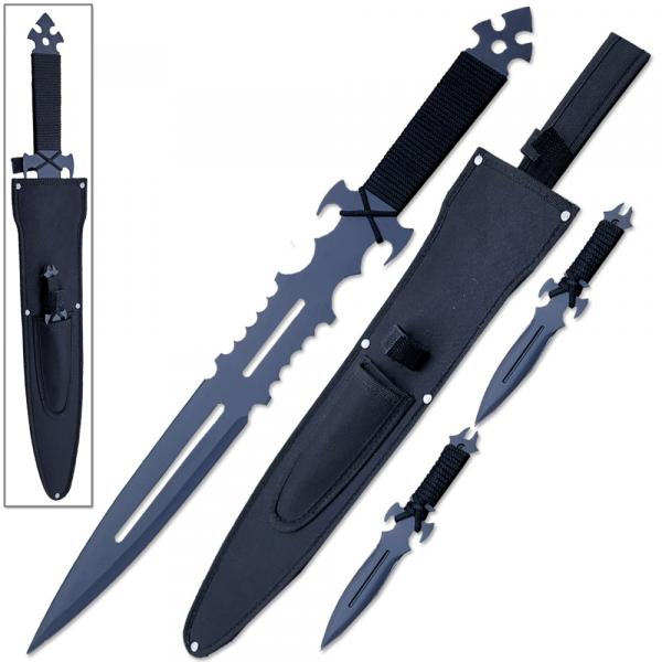 American NINJA Warrior Loadout SWORD & 2 Throwing KNIVES w Sheath Shoulder Strap picture