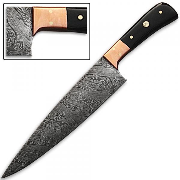 Custom Made Damascus Steel Chef Knife Buffalo Horn Handle & Copper