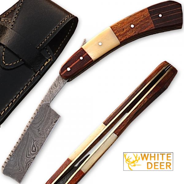 White Deer Damascus Steel Straight Razor W/ Bone & Wood Handle