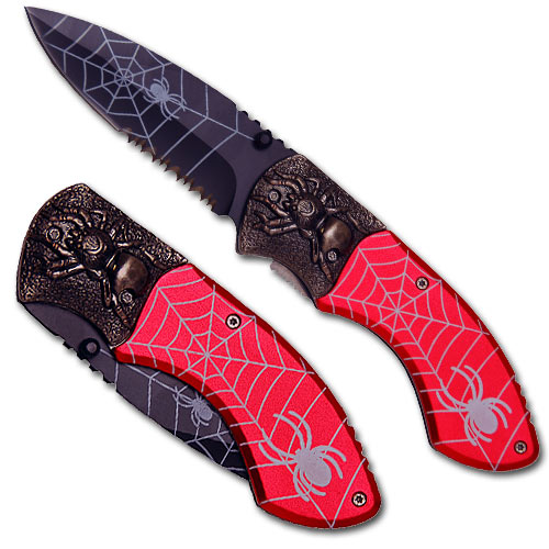 Spider Web Tactical Steel Handle Folding Knife Red