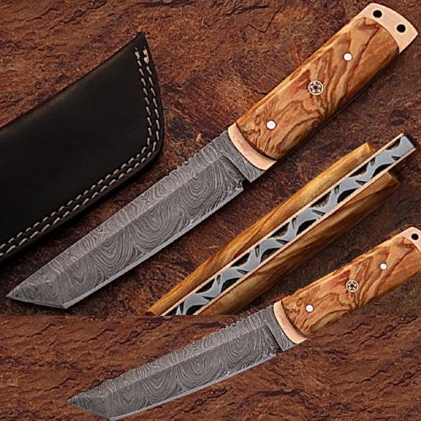 White Deer Damascus Steel Tanto Point Hunting Knife Burl Olive Wood Handle picture