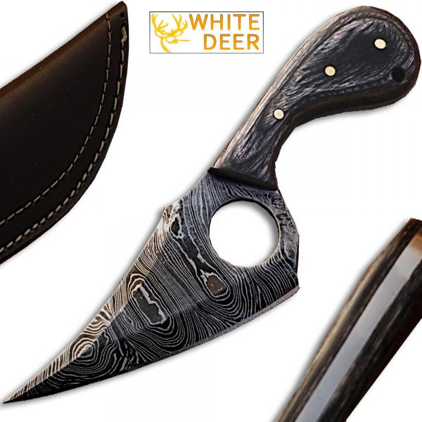 White Deer  Damascus Steel Skinner Knife w/Finger Hole (Micarta Handle picture